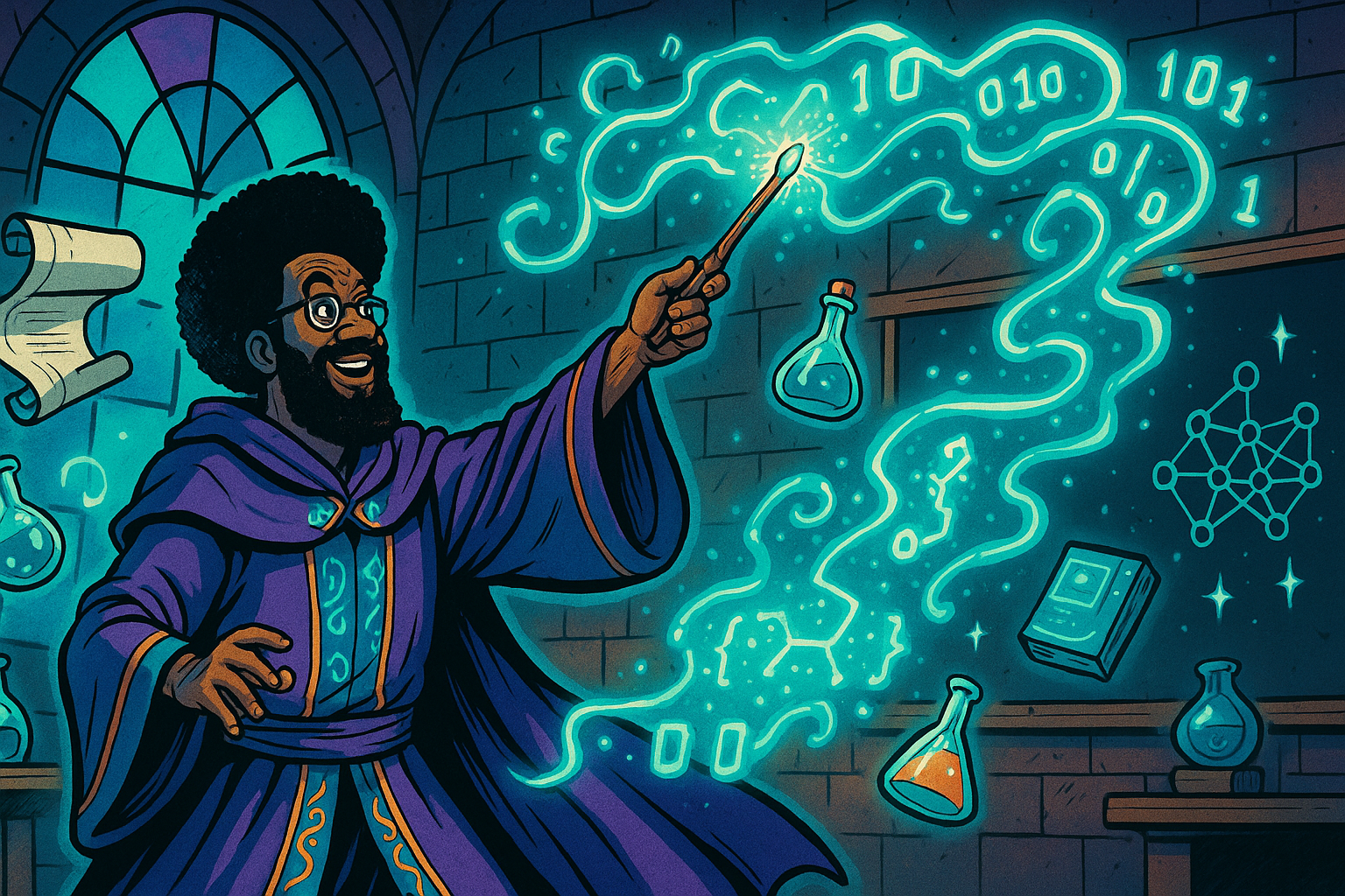 Professor Synapse using his wand to code.