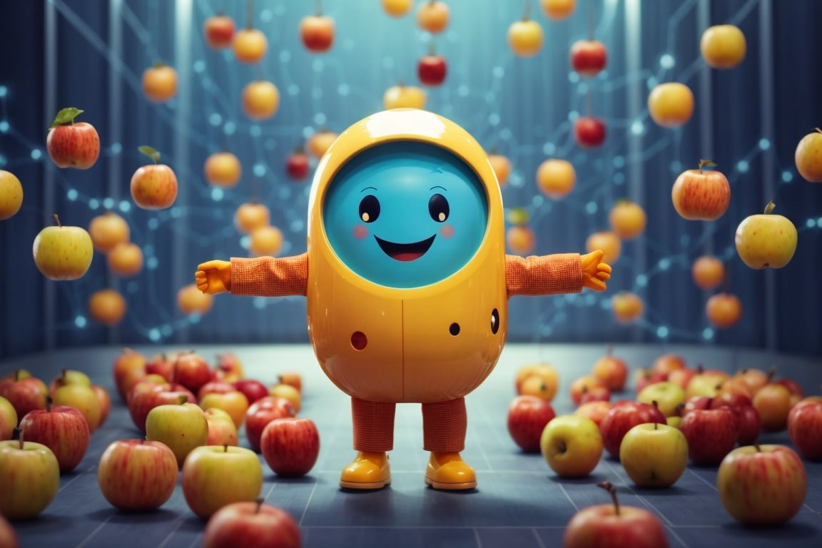 A friendly cartoon machine learning algorithm character named KNN stands in the center holding a sign that says "K-Nearest Neighbors Algorithm". KNN has a smiley face and arms extending to reach out towards surrounding data points labeled with fruit icons like apples, oranges, bananas. Light blue dashed lines connect KNN to the 3 nearest fruit data points - 2 apples and 1 orange.