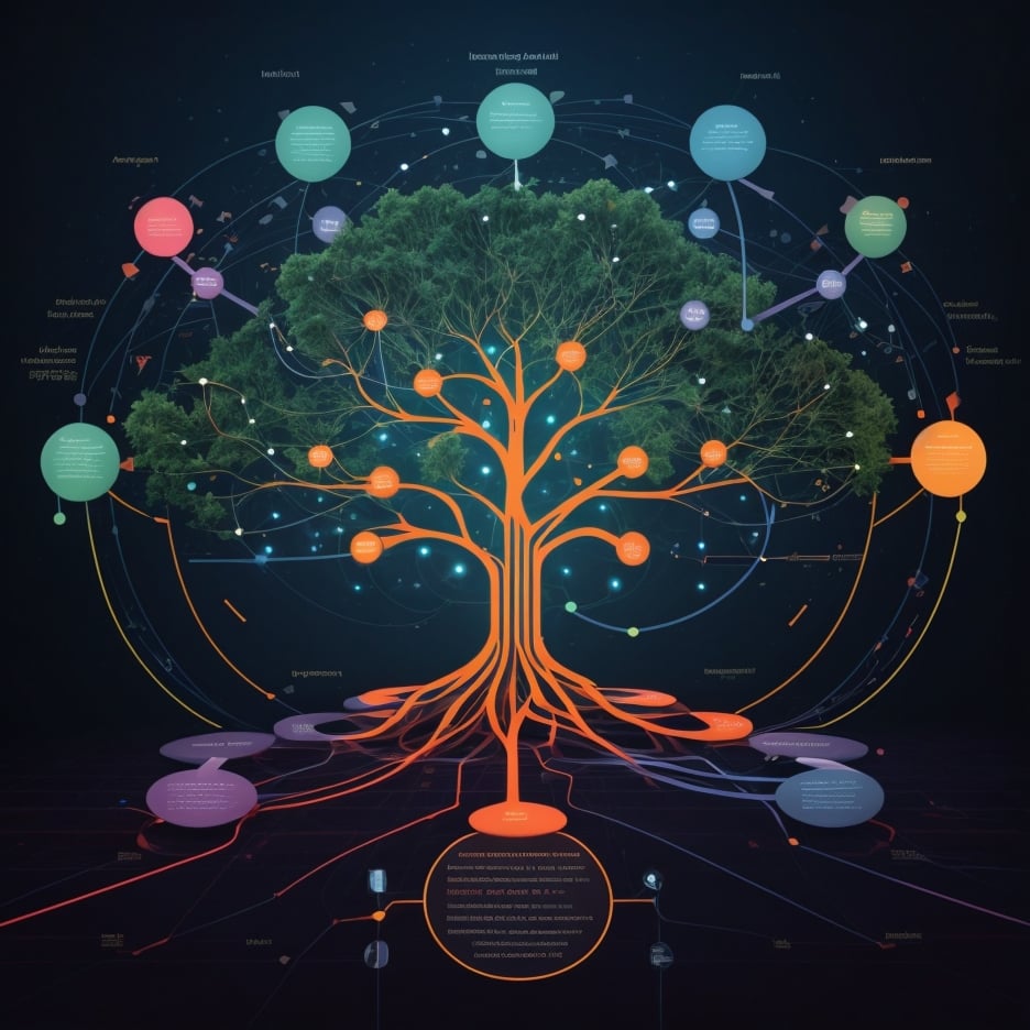 Illustration of a sprawling decision tree emanating from a central node. The tree branches out into various paths, each leading to different outcomes. Each node is represented by a glowing orb, and lines of text annotate the decisions. The background contains mathematical formulas and abstract patterns. Art style: Modern Infographic. Art inspirations: Data visualization projects and scientific papers. Render Info: 4K Resolution, crisp lines, vibrant colors to differentiate nodes.