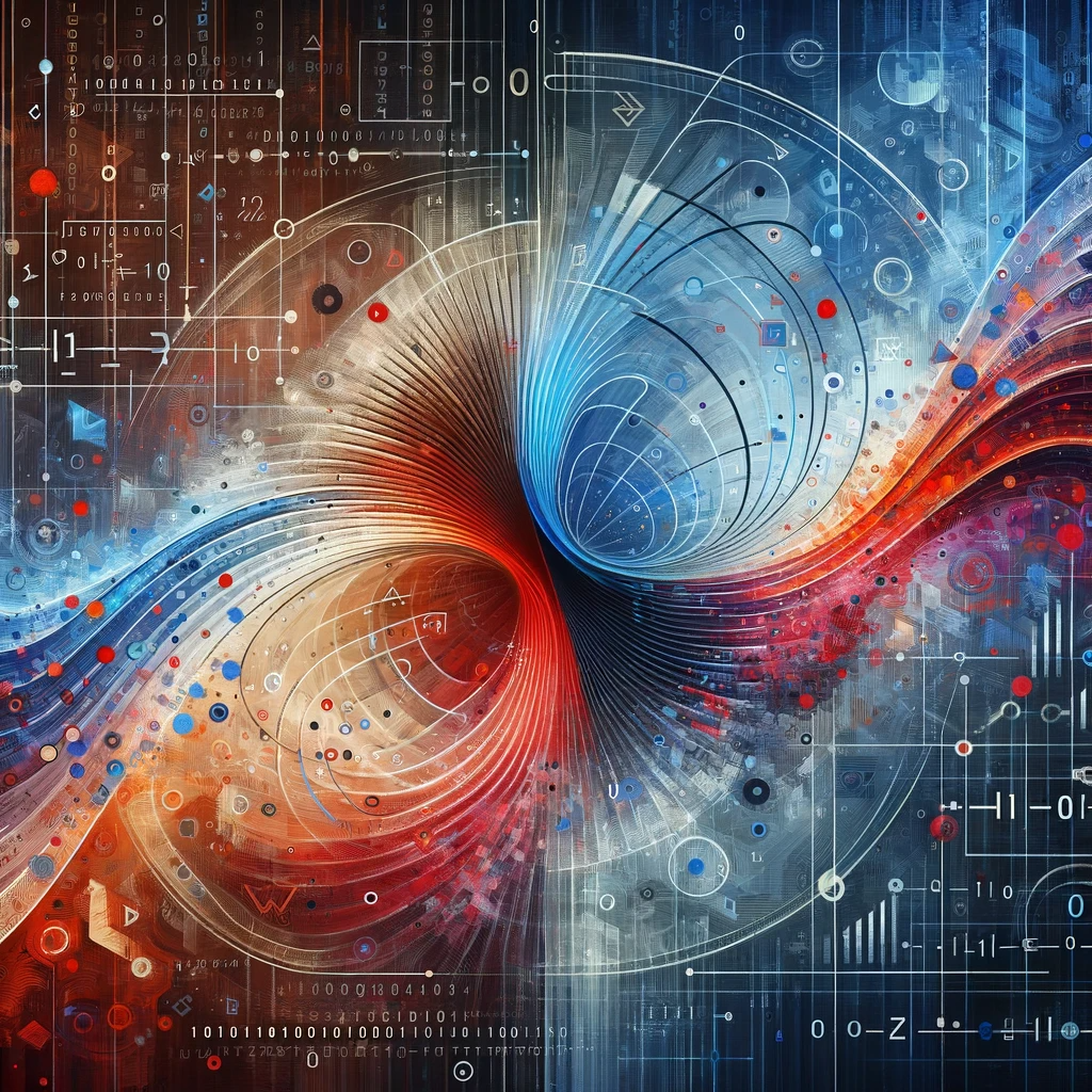 Create an abstract image representing the concept of logistic regression in machine learning. Include visual metaphors such as a sigmoid curve transitioning from red to blue, symbolizing binary classification. Integrate abstract shapes and patterns to evoke the sense of data being analyzed and categorized. Incorporate binary code streams to illustrate the computational aspect, and have a background with subtle mathematical equations related to logistic regression. Ensure the artwork has a modern, digital aesthetic.