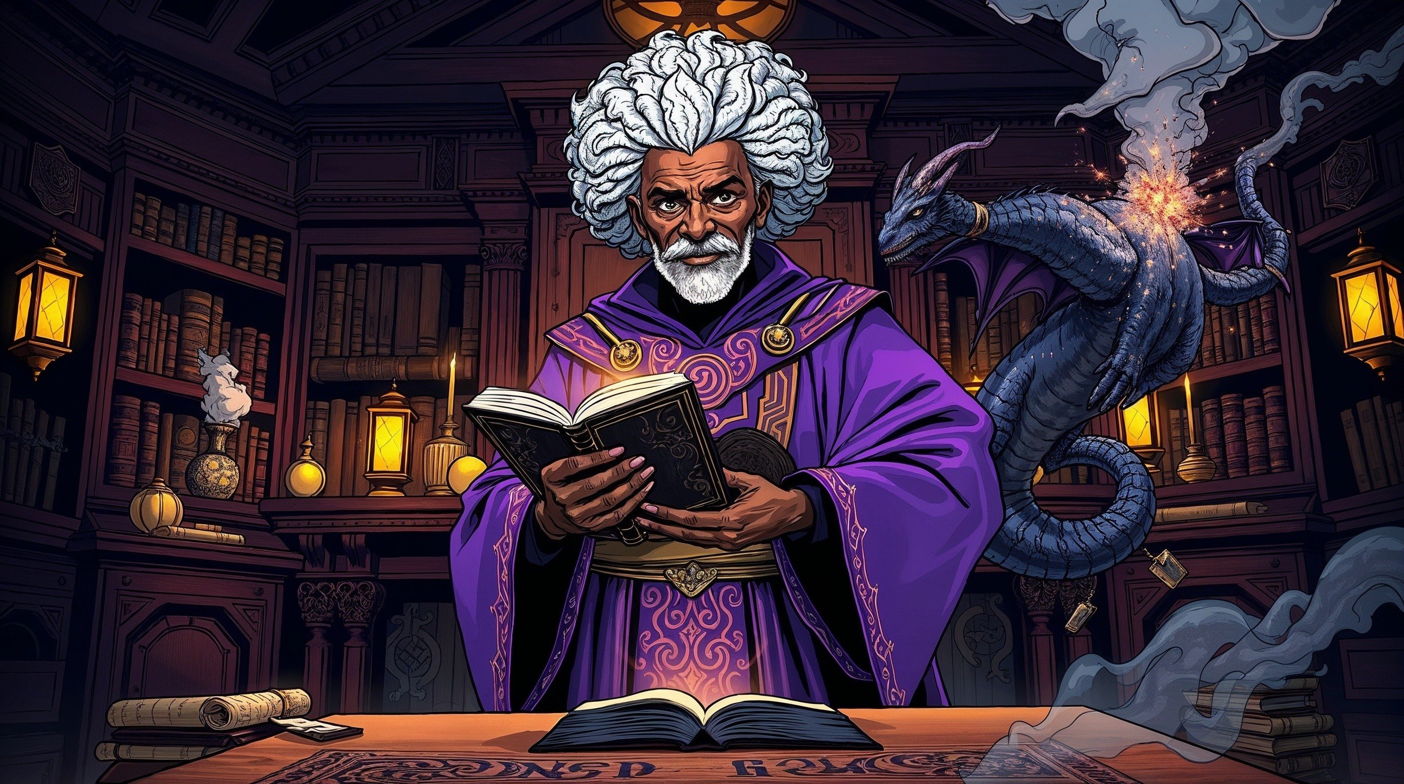 Professor Synapse Holding a book and conjuring a dragon.
