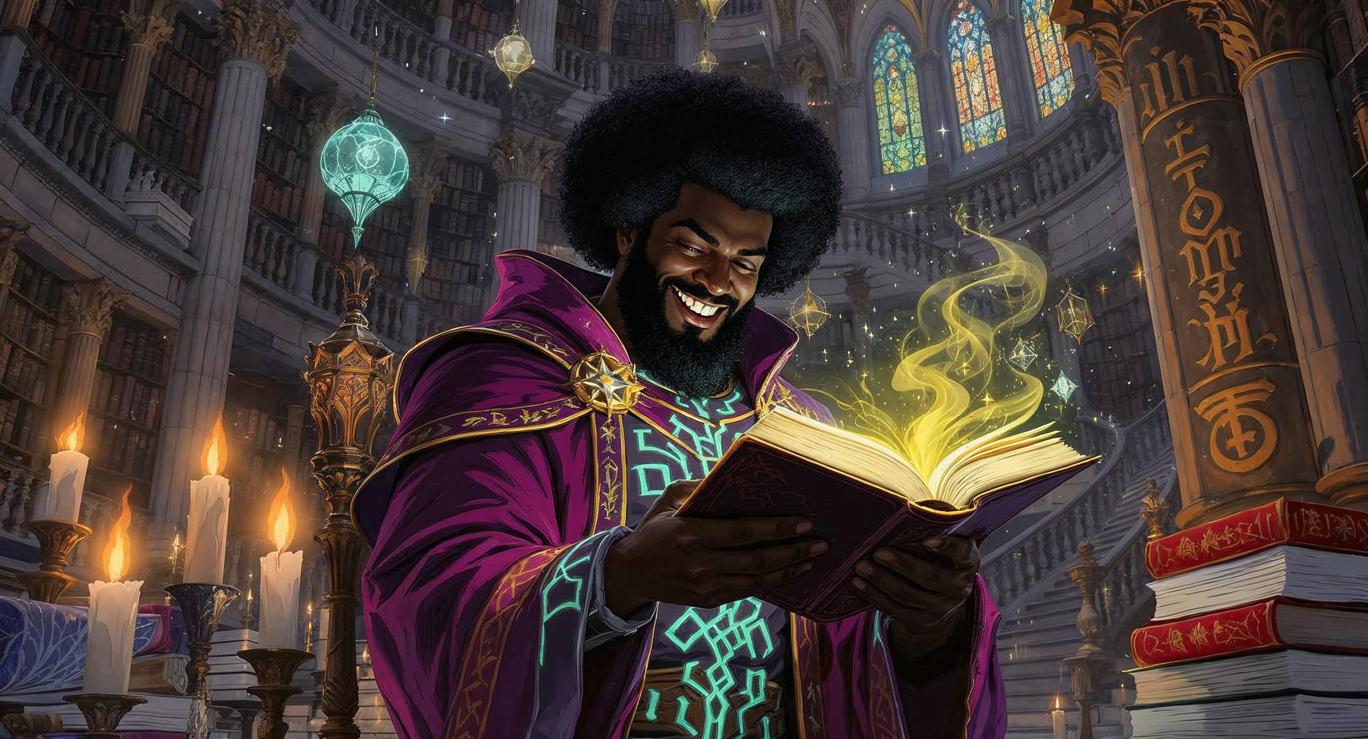 Professor Synapse reading a book from his library.