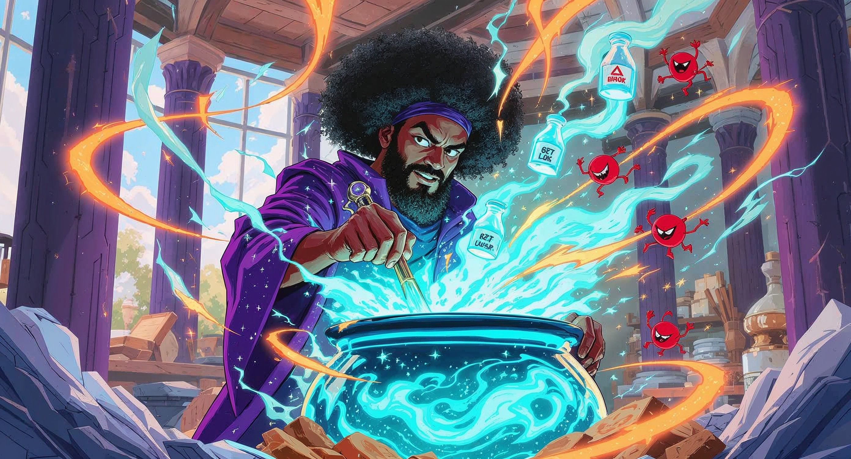 Professor Synapse working a potion over a cauldron