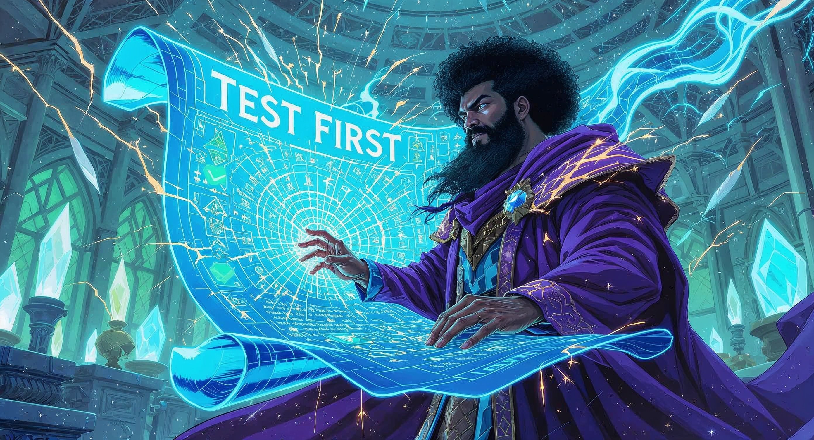 Professor Synapse creating a magical testing blueprint