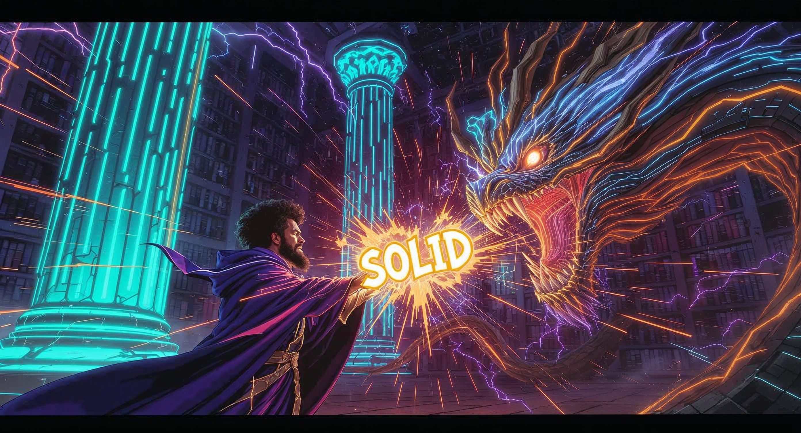 Professor Synapse battling a code dragon with SOLID principles