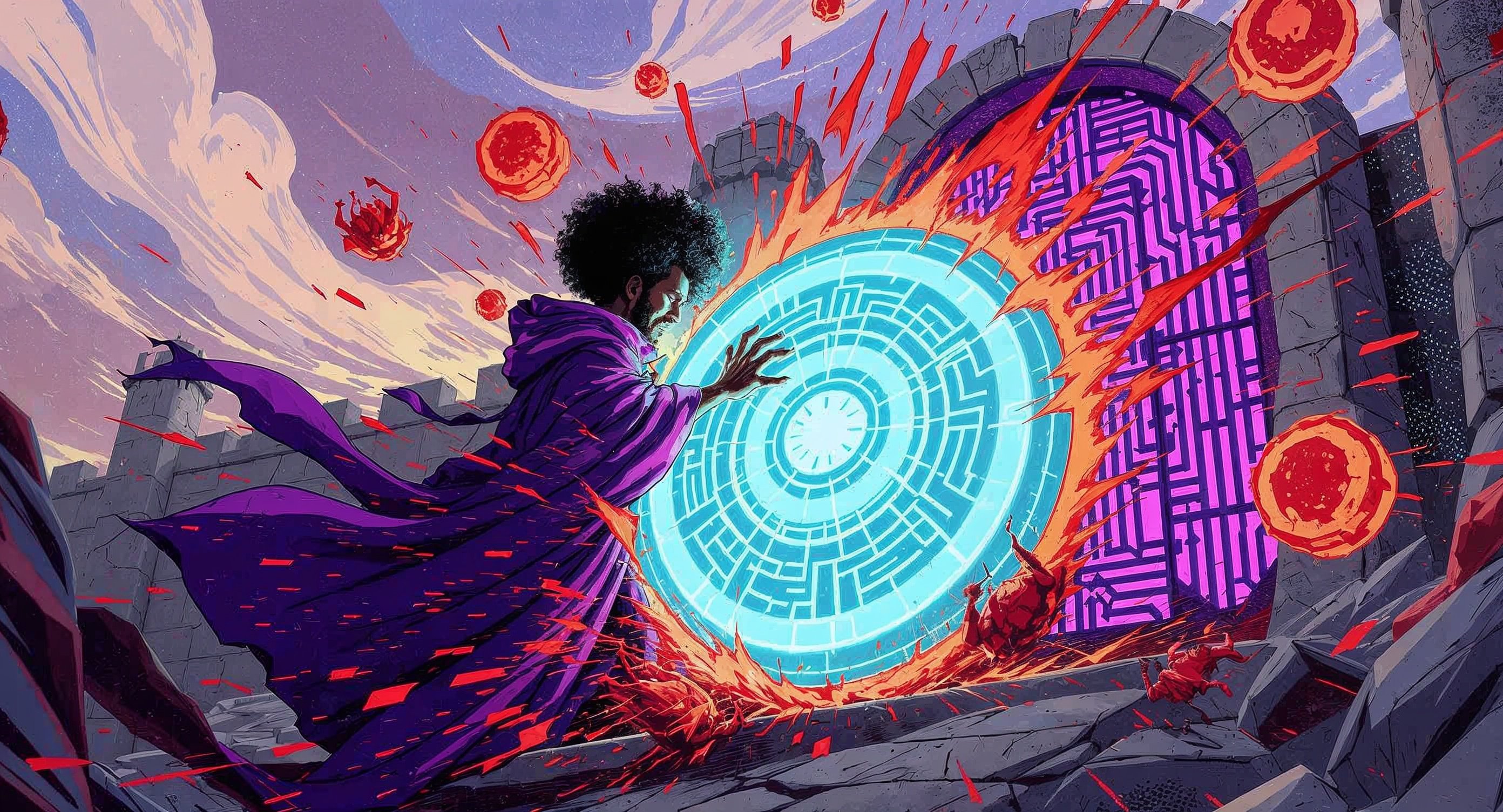 Professor Synapse creating a magic shield to protect against gremlin attacks on a gate.